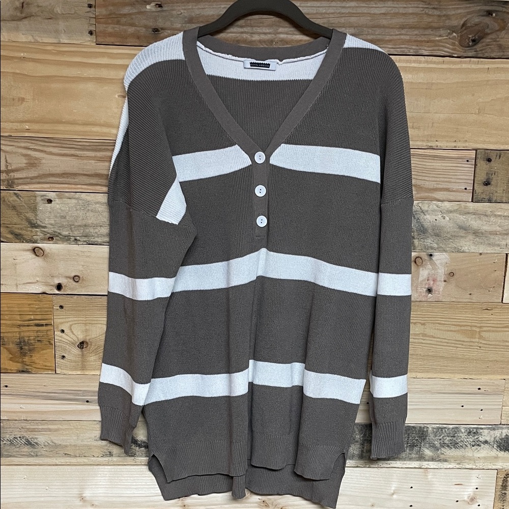 Royal + Reese size Large Striped Brown and White V-Neck Three Button Sweater